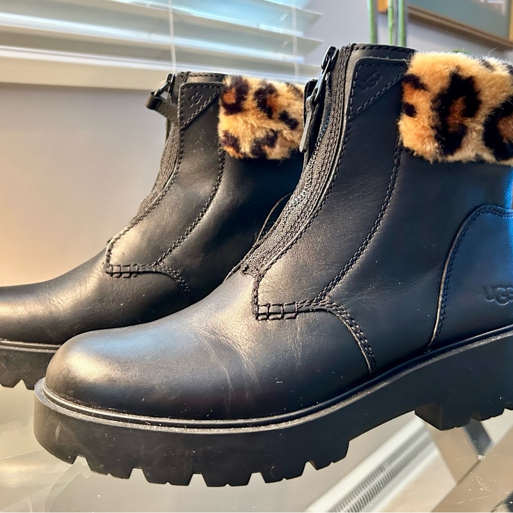 UGG Black Leather Combat Boots with Leopard Shearling Cuff